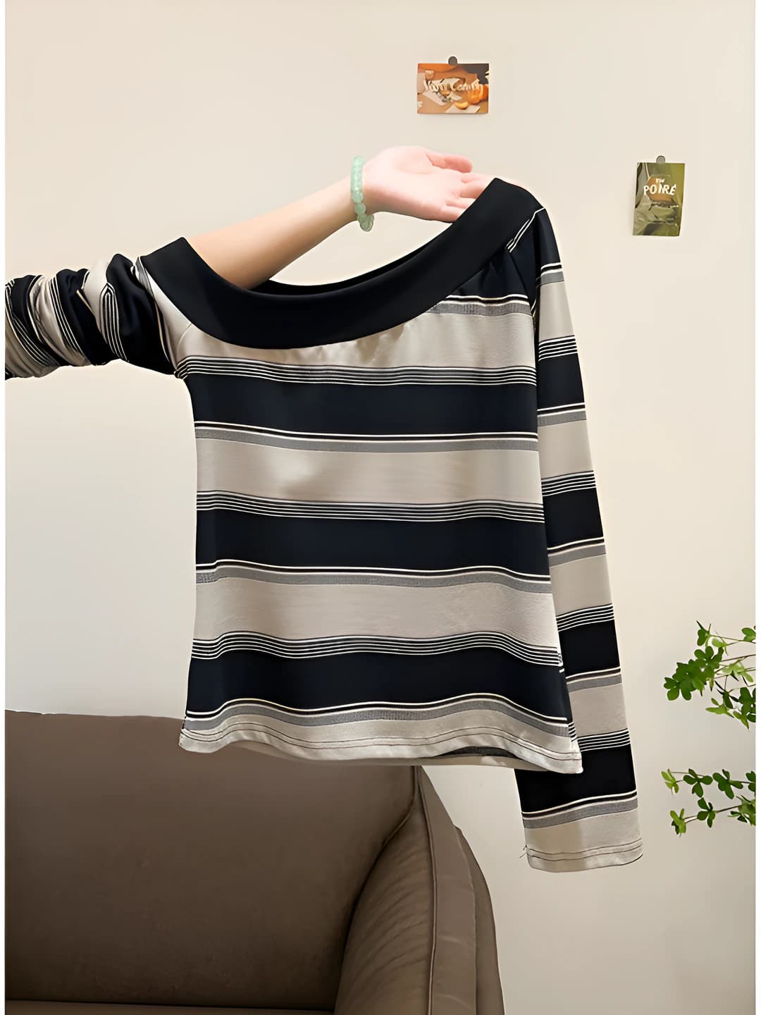 Women's long sleeve striped t-shirt, retro style, off-shoulder collar, black and grey, autumn 2026