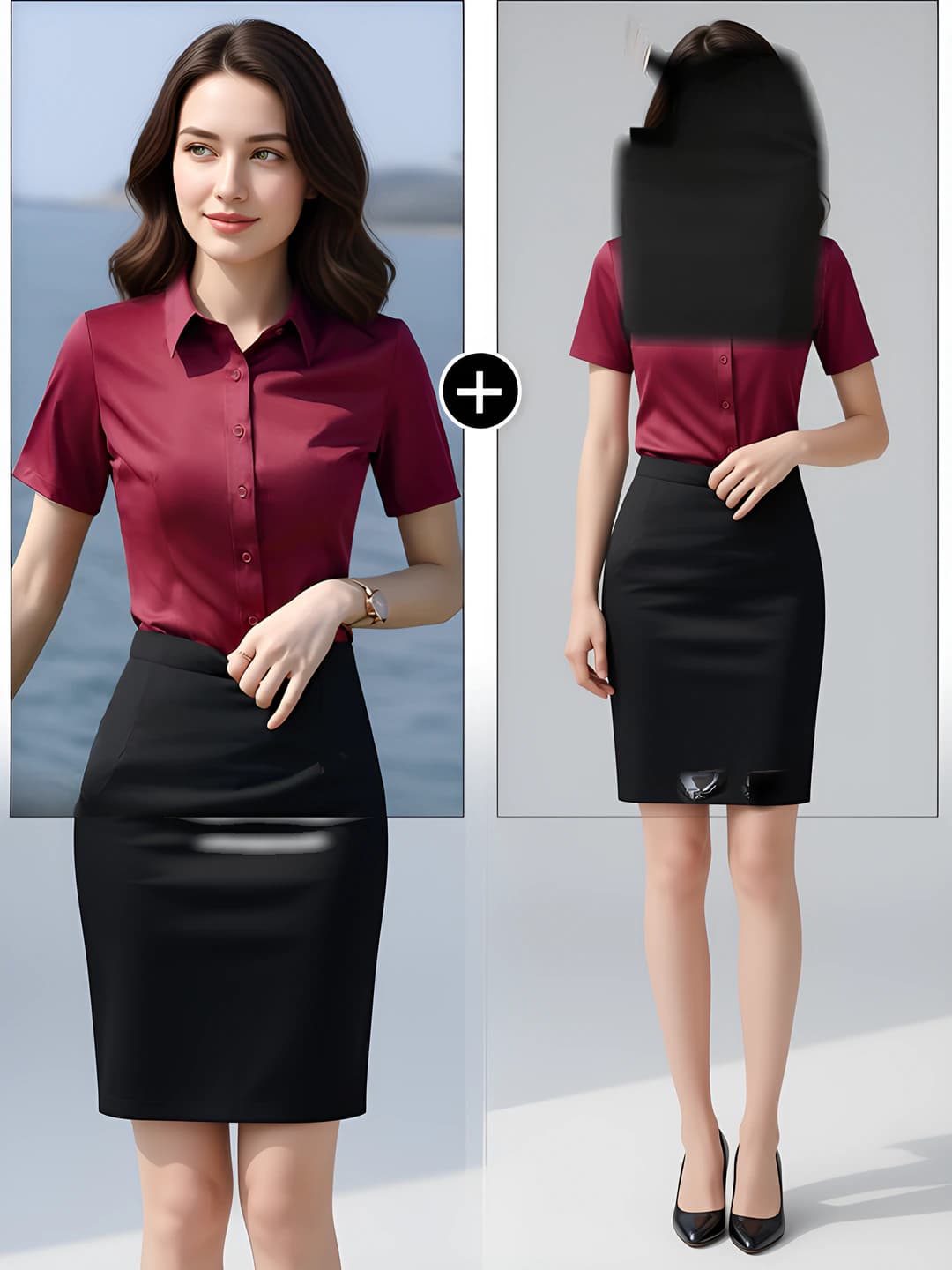Short sleeve: wine red shirt + black skirt