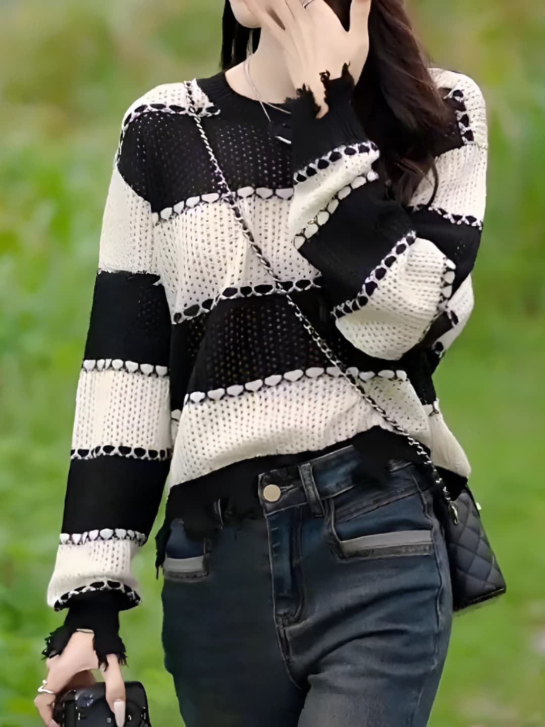 Women's striped crew neck long sleeve knit top, mid-length, 2026