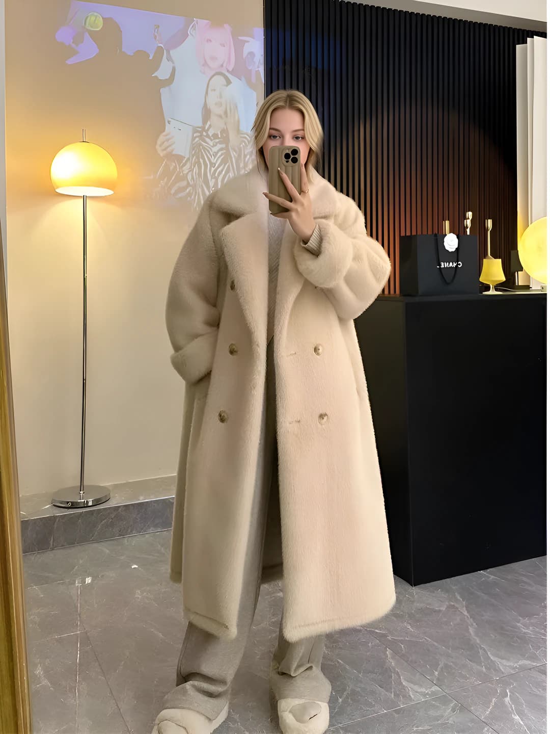 Women's autumn-winter faux fur and shearling coat, long, loose fit, blazer collar, long sleeve