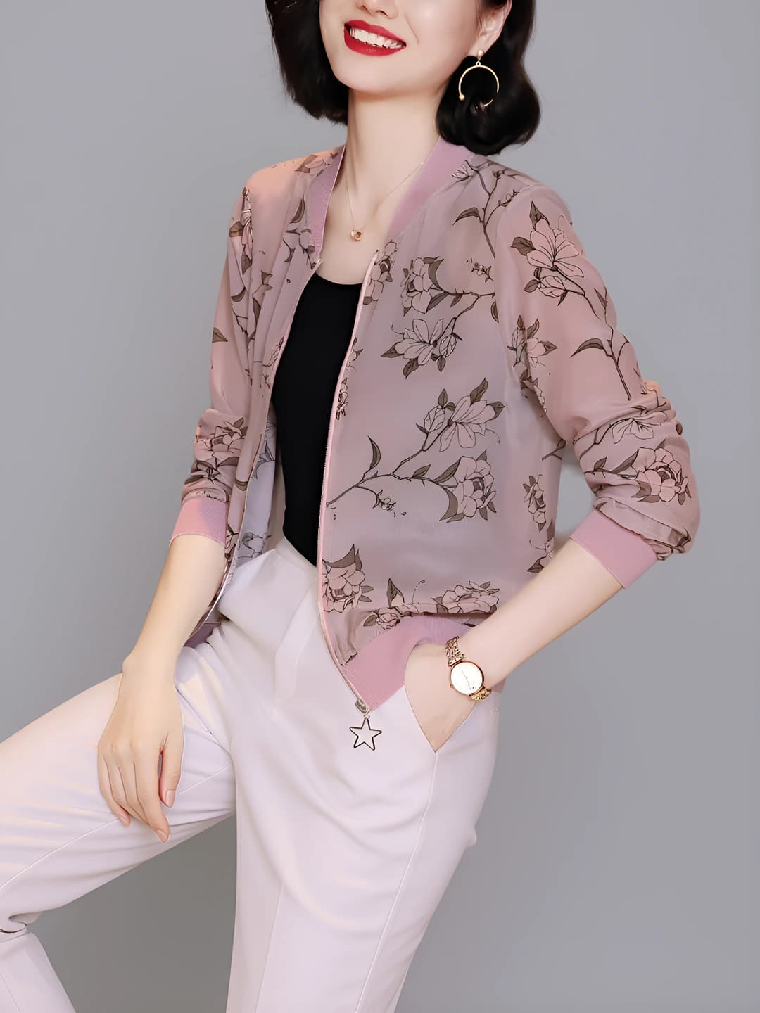 Women's light zip-up jacket, loose fit, plus size, cropped, printed, sun-protective, long sleeve, crew neck