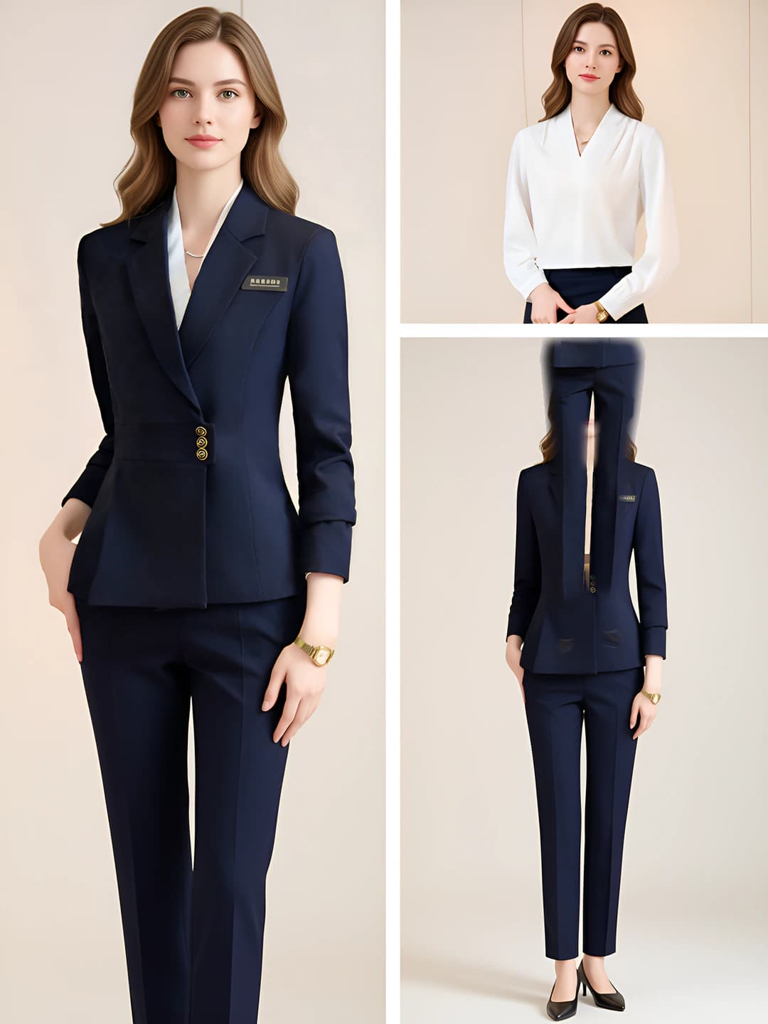 Navy suit + white shirt + women's pants