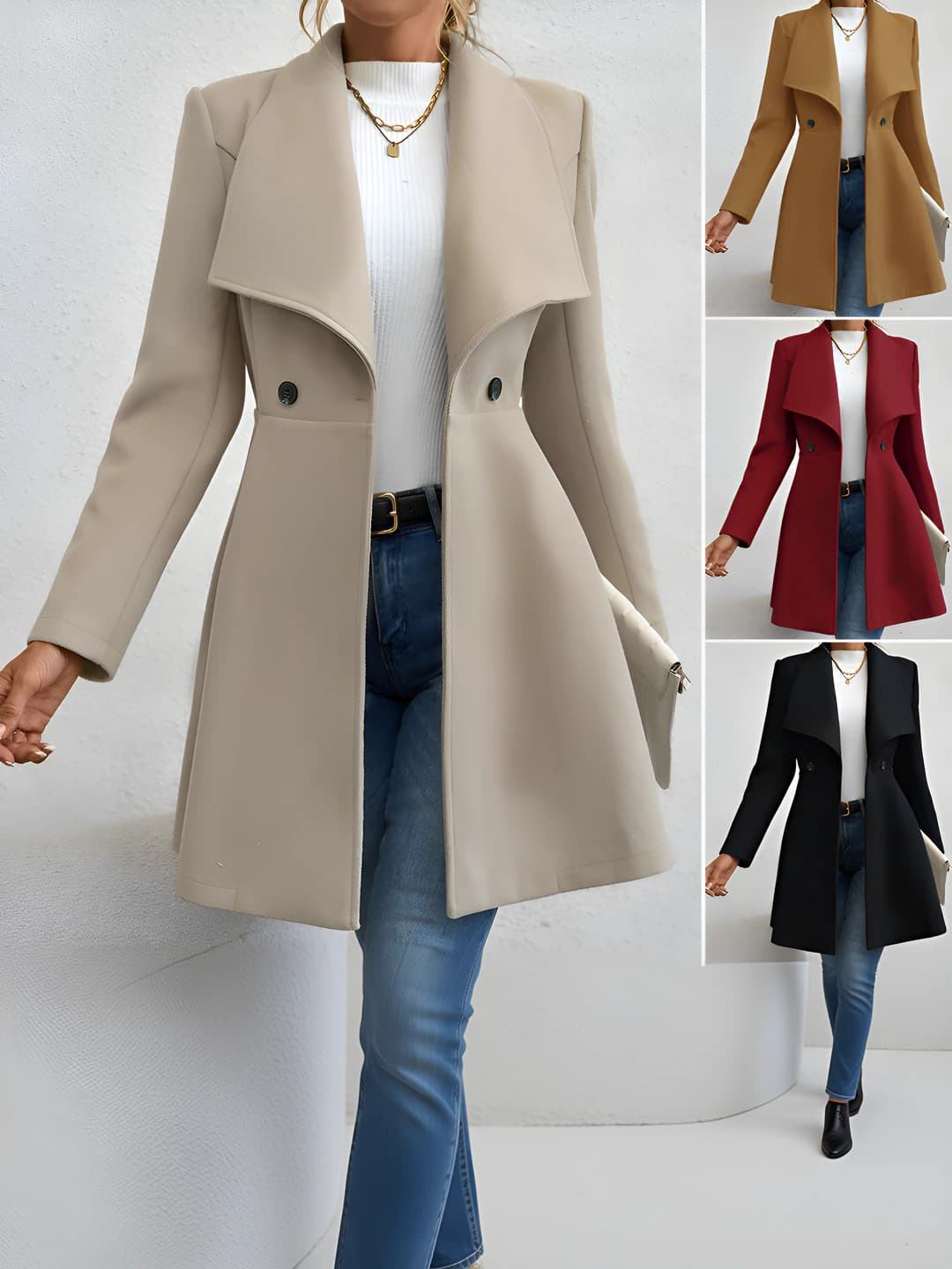 Women's autumn-winter coat: slim fit, long, lapel collar, solid colour, long sleeve, polyester