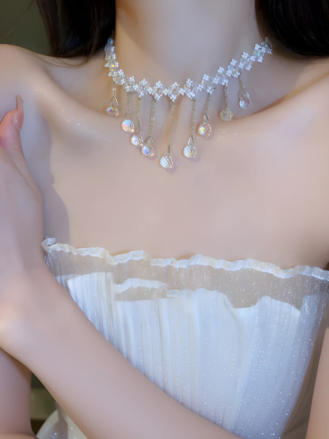 Women's French style crystal tassel collar necklace, glass beads, handmade, 31-40 cm
