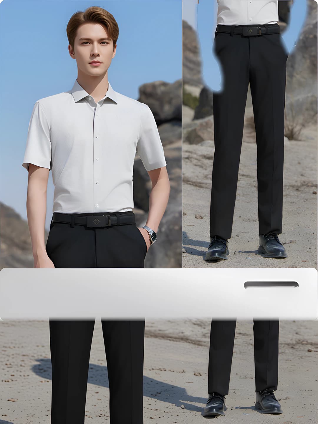 Men's short sleeve, grey houndstooth + black trousers