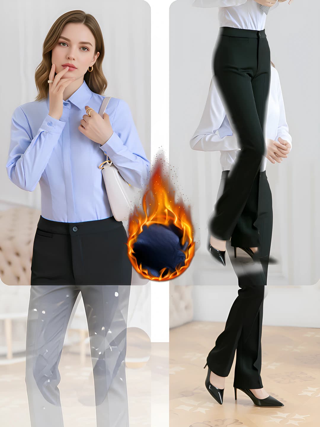 Blue shirt + black pants (with lining)