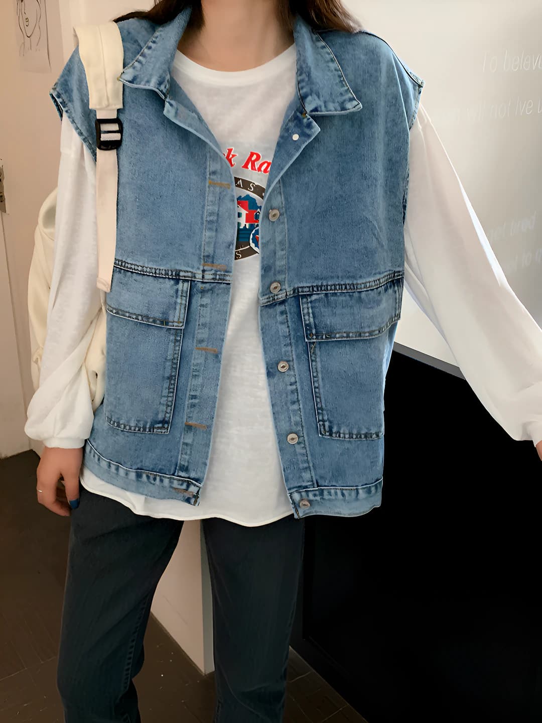 Women's denim vest, spring-autumn, mid-length, Korean style, loose fit, solid colour, lapel collar, cardigan