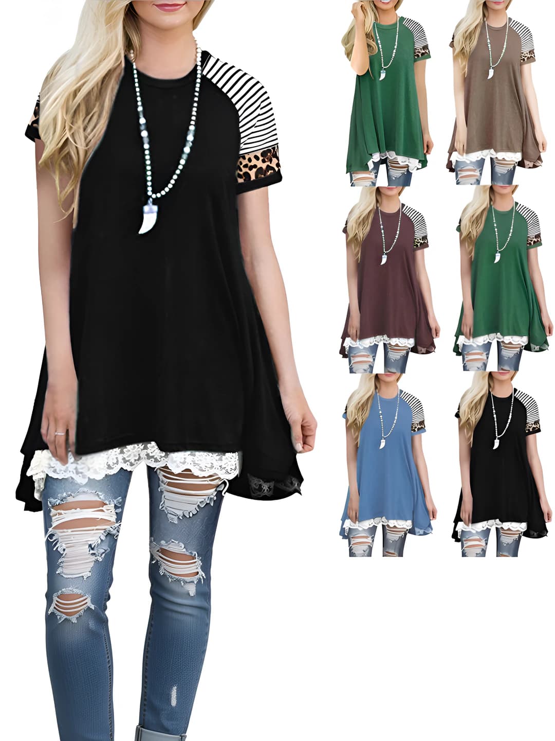 Women's summer tunic: crew neck, striped and printed, short sleeve, loose fit