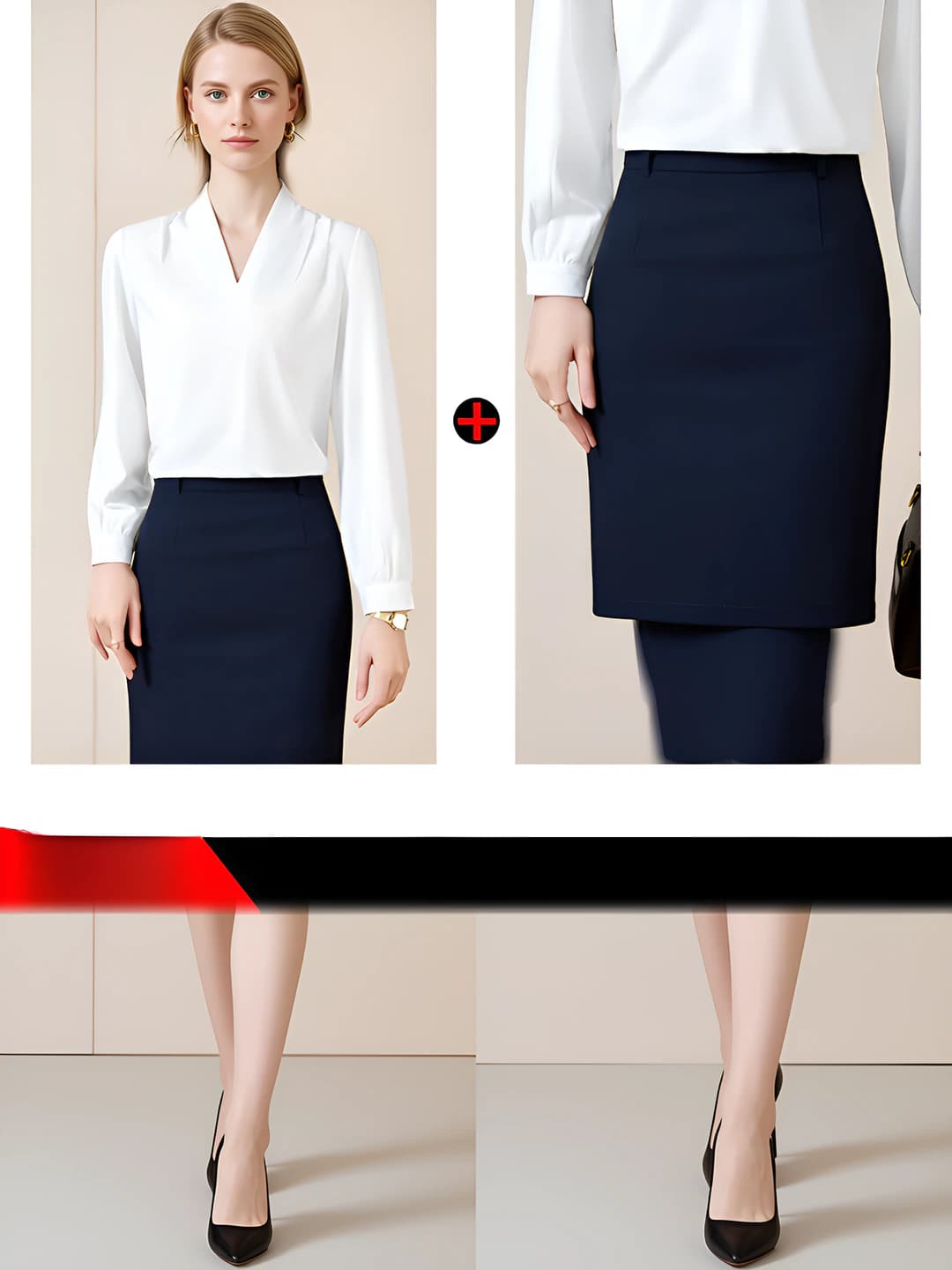 White shirt + dark blue skirt