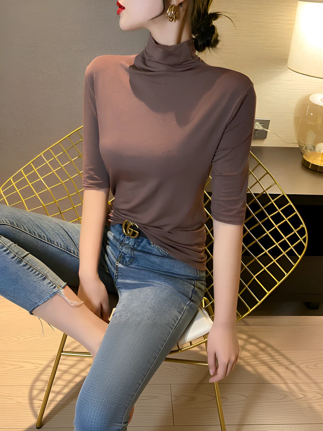 Women's mock neck elbow-length sleeve slim fit stretch long-sleeve base top made of modal