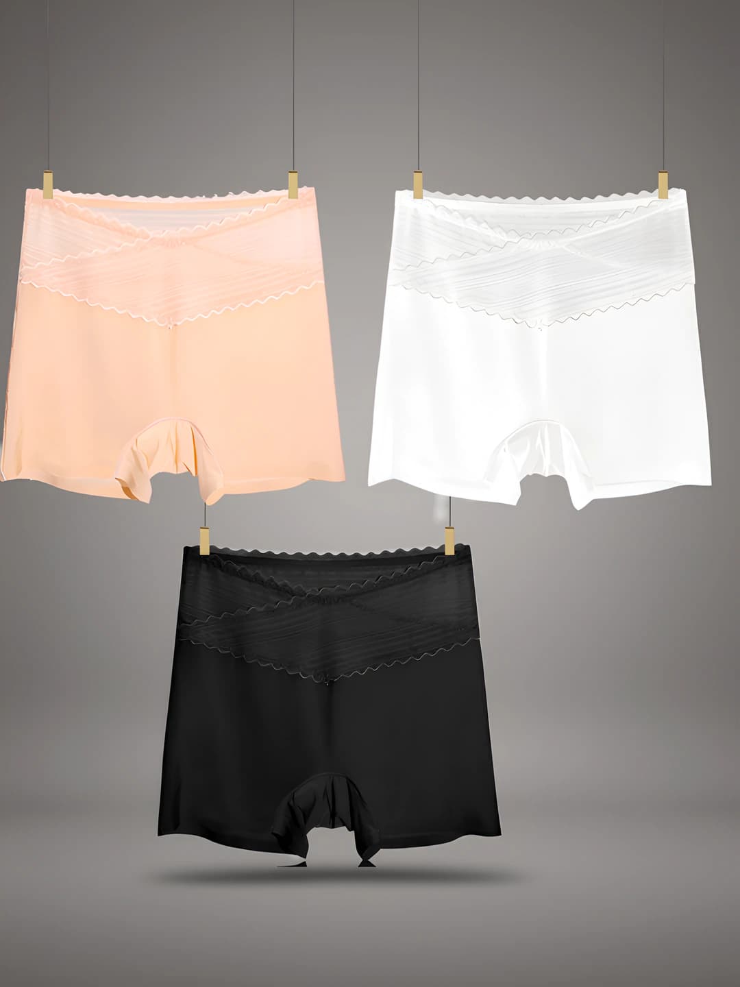 Women's summer thin ice-silk fabric underwear, high waist, tummy control, lace, pure cotton gusset, solid colour, safety shorts