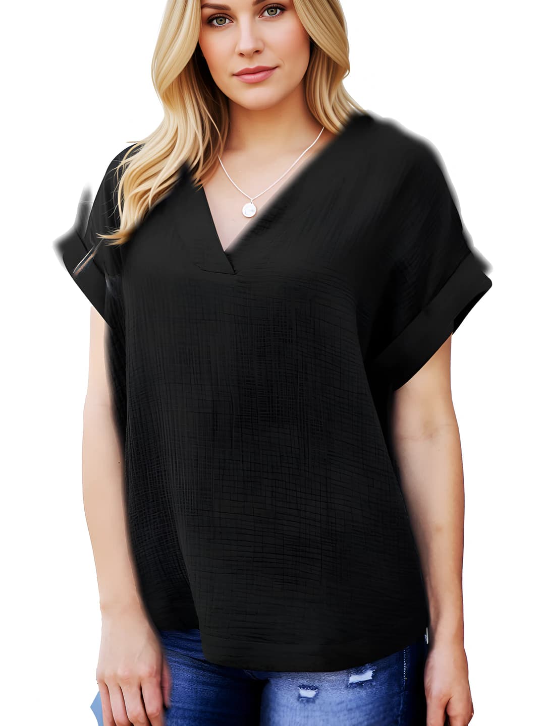 2026 spring-summer women's short sleeve V-neck loose fit solid colour casual t-shirt
