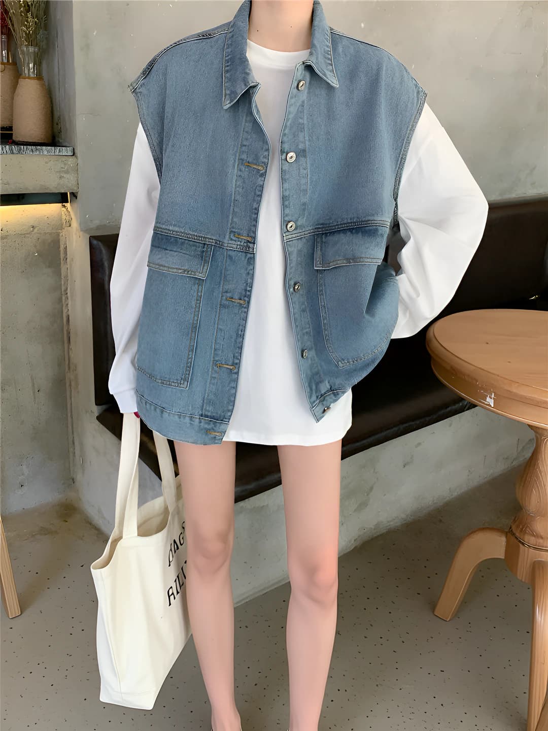 Ayollar uchun kalta denim jilet, koreys uslubida, bo'sh (oversize), qaytarma yoqa, bir rangli, bahor-kuz
