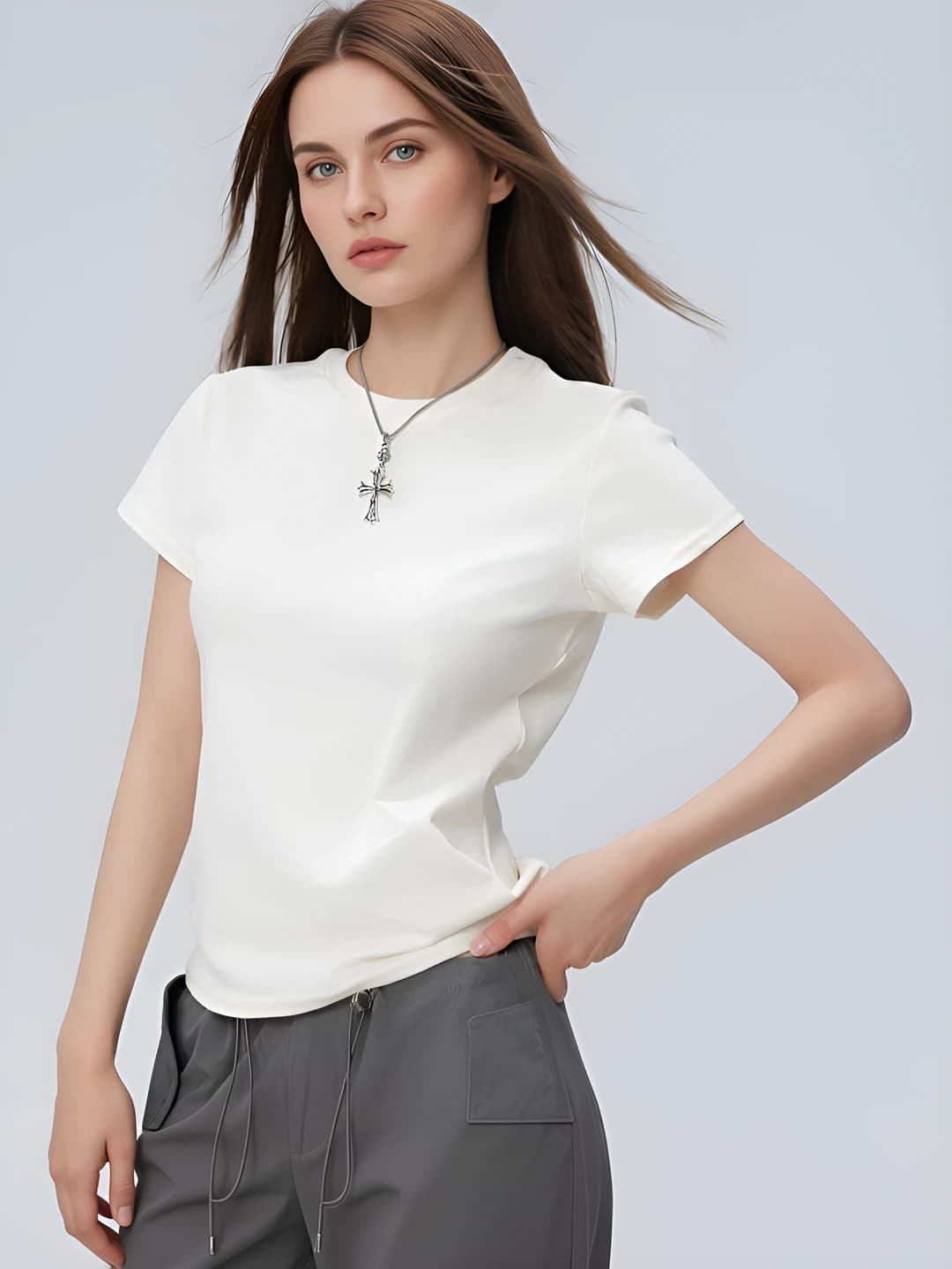 Women's 2026 spring-summer korean style slimming, straight shoulder, crew neck, solid colour, casual, short sleeve t-shirt