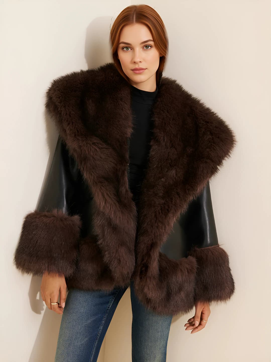 Ayollar uchun bo'sh (oversize) retro kurtka: qaytarma yoqa, uzun yeng, kalta, simulyatsiya qilinigan tilki mato, qopqonli