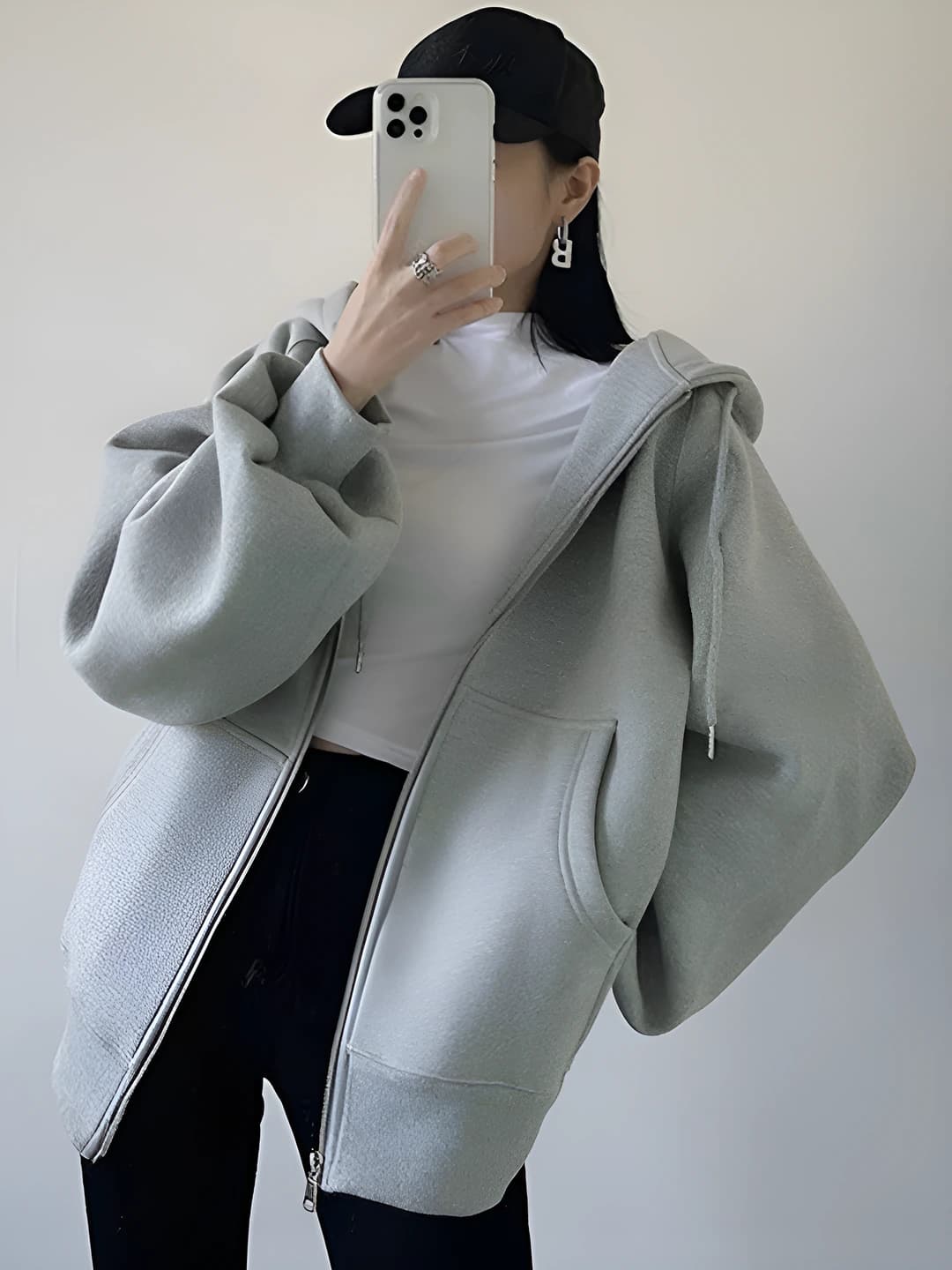 Women's solid colour retro fleece-lined loose fit zip-up hoodie