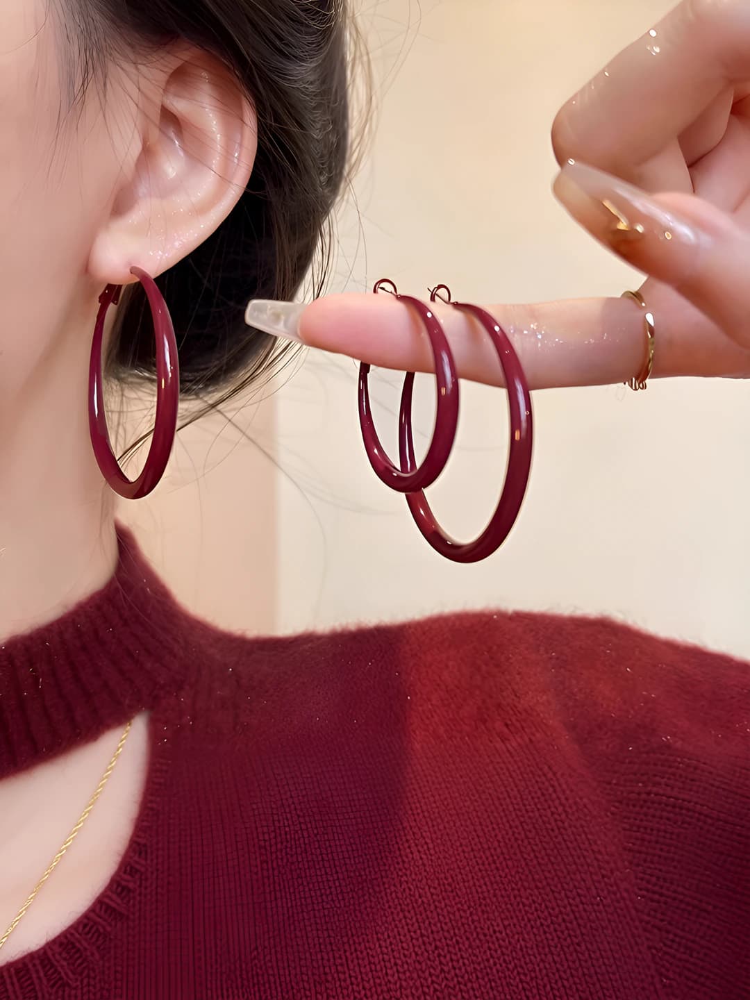 Women's retro angora red large hoop earrings, 2026