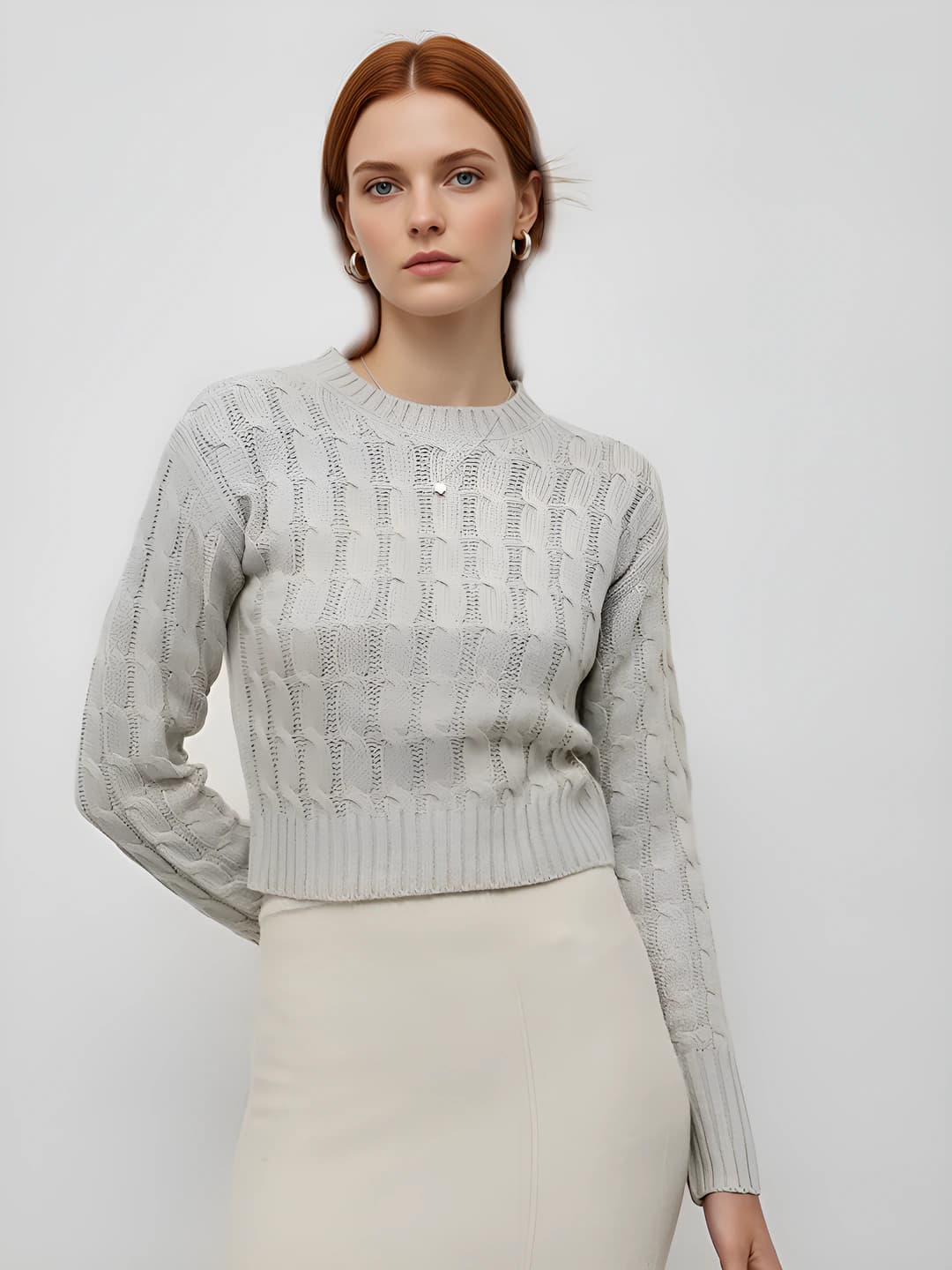 Women's autumn-winter crew neck long sleeve slim fit cropped sweater