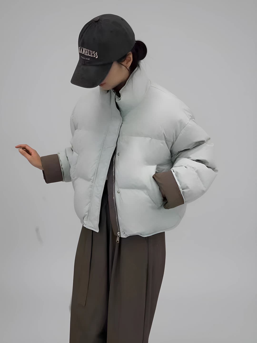 Women's short down jacket in Korean style, stand collar, loose fit, thick, zip, for petite