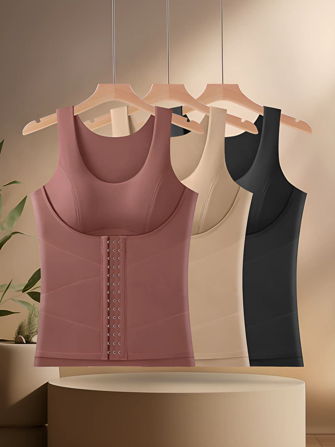Women's autumn-winter warm, fleece-lined, thickened, tummy control, solid colour tank top with U-neck