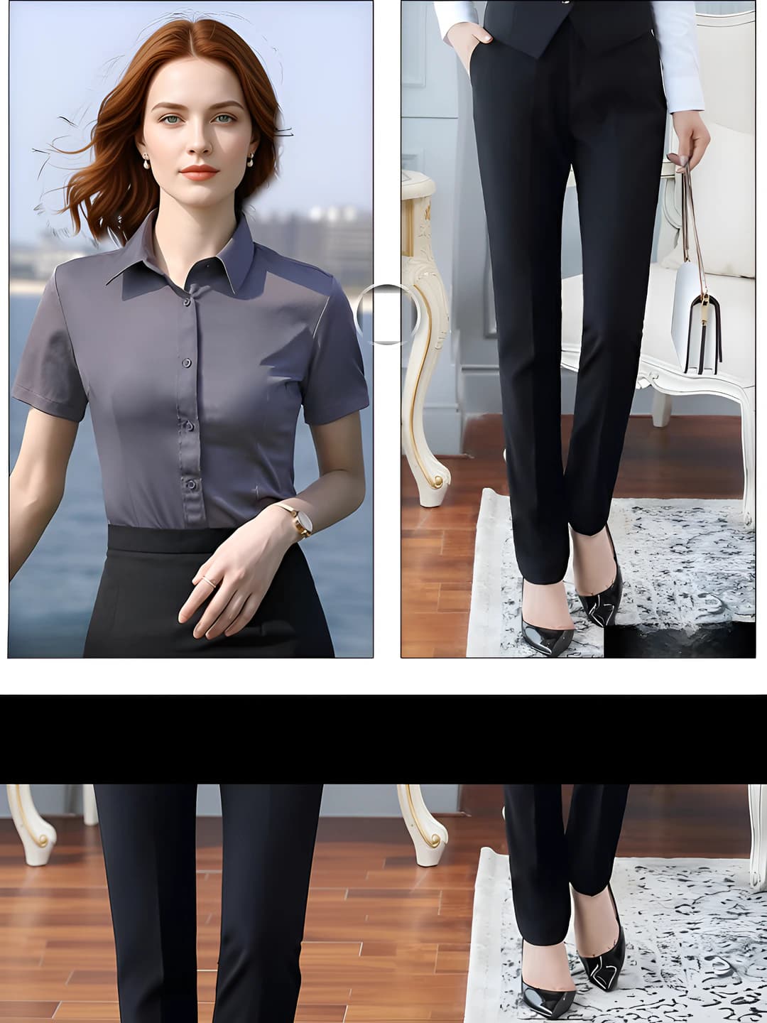 Short sleeve: grey shirt + black pants