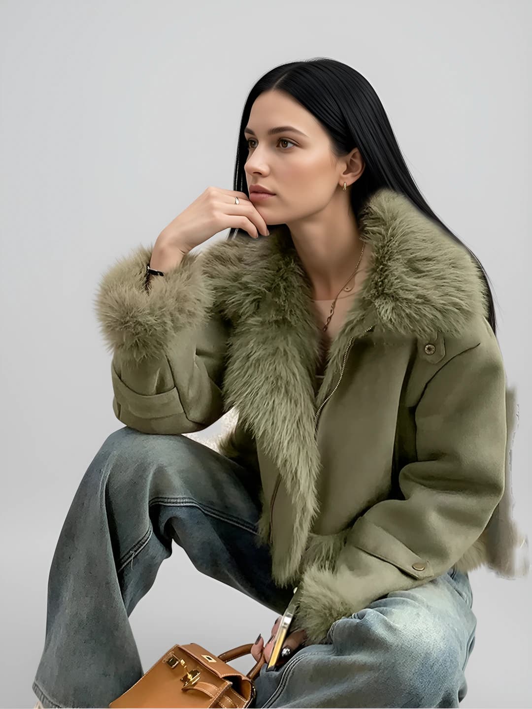 Women's shearling fur-collar biker jacket, long sleeve, regular sleeve, garment length 50-65 cm, polyester fabric, british style
