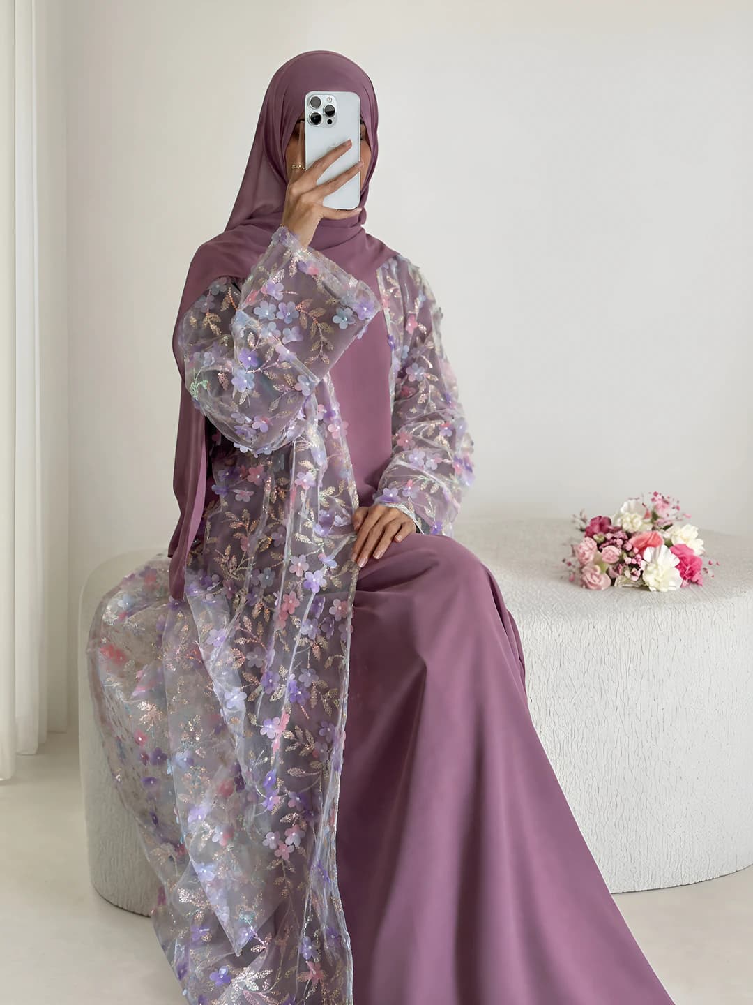 Women's 2026 Loriya Plus Size Three-Piece Set with Floral Cardigan, Inner Top and Hijab
