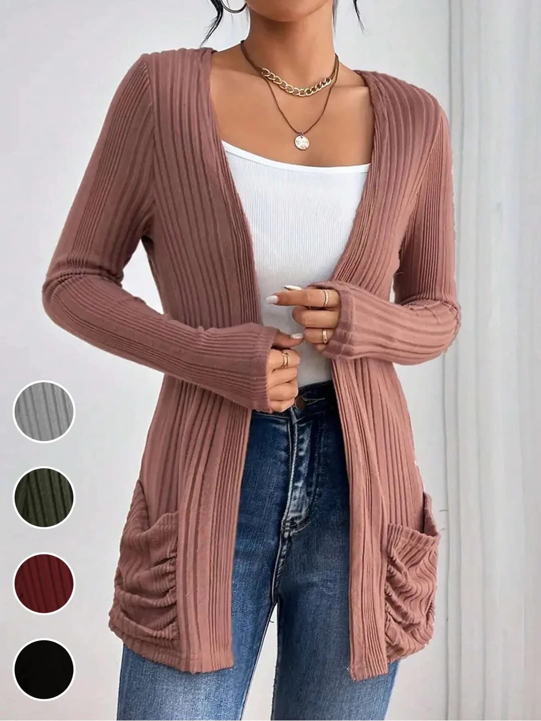 Women's ribbed knit cardigan, long sleeve, mid-length, solid colour, loose fit, with pockets