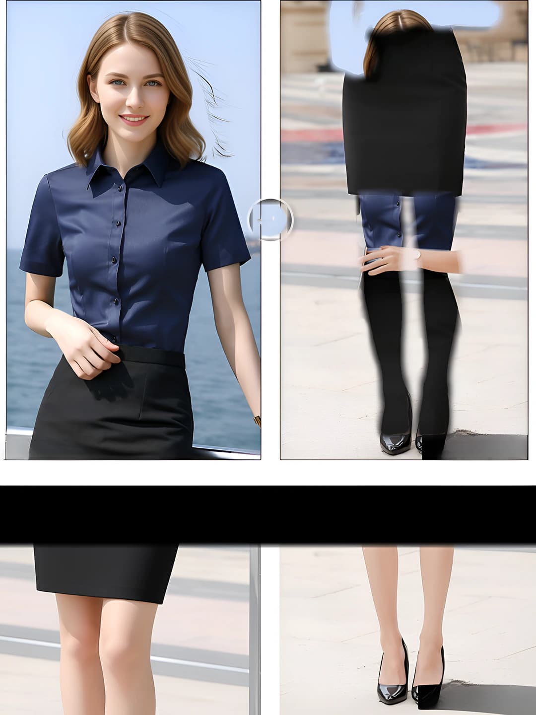 Short sleeve: blue shirt + black skirt