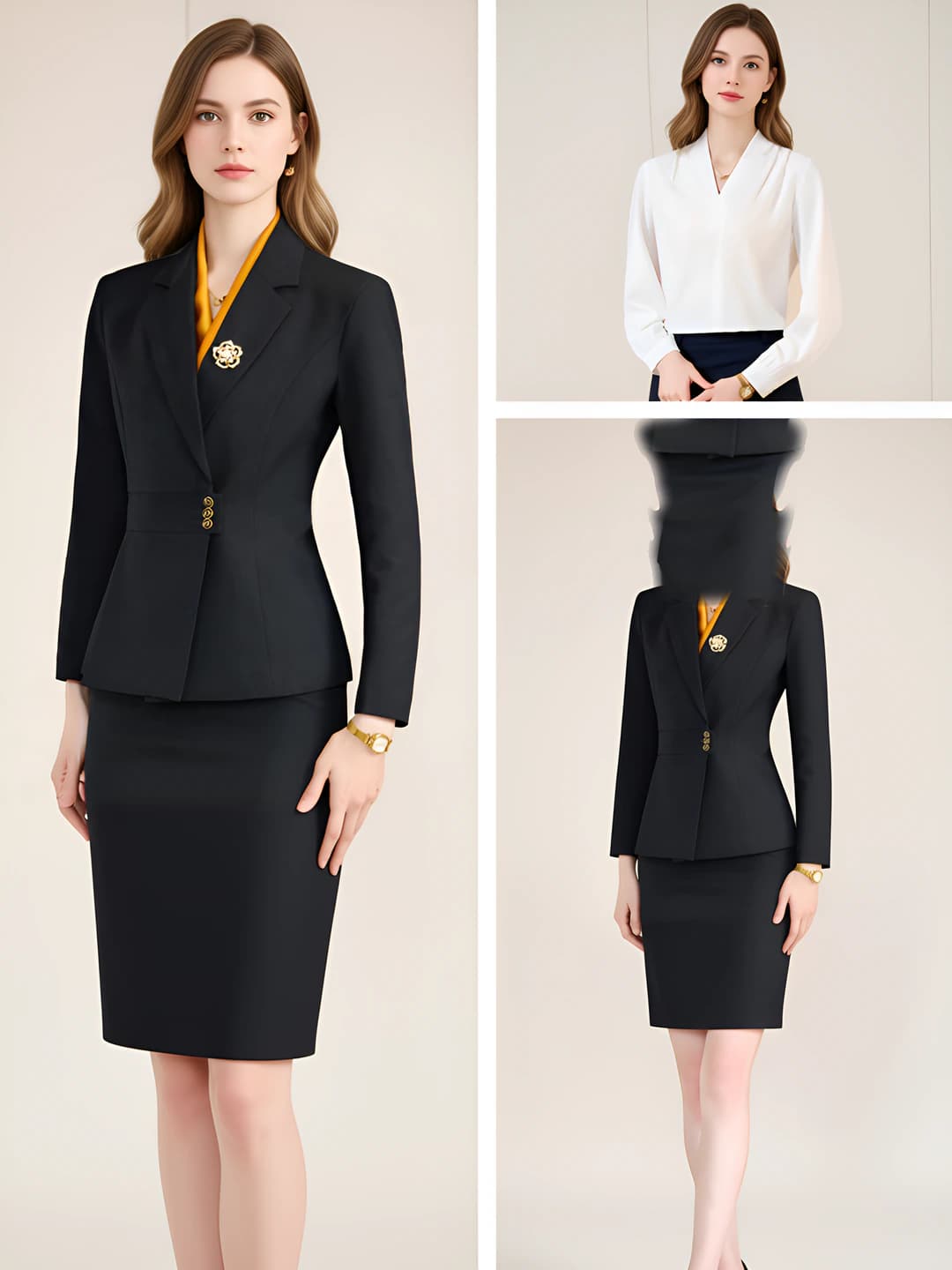 Black suit + white shirt + skirt