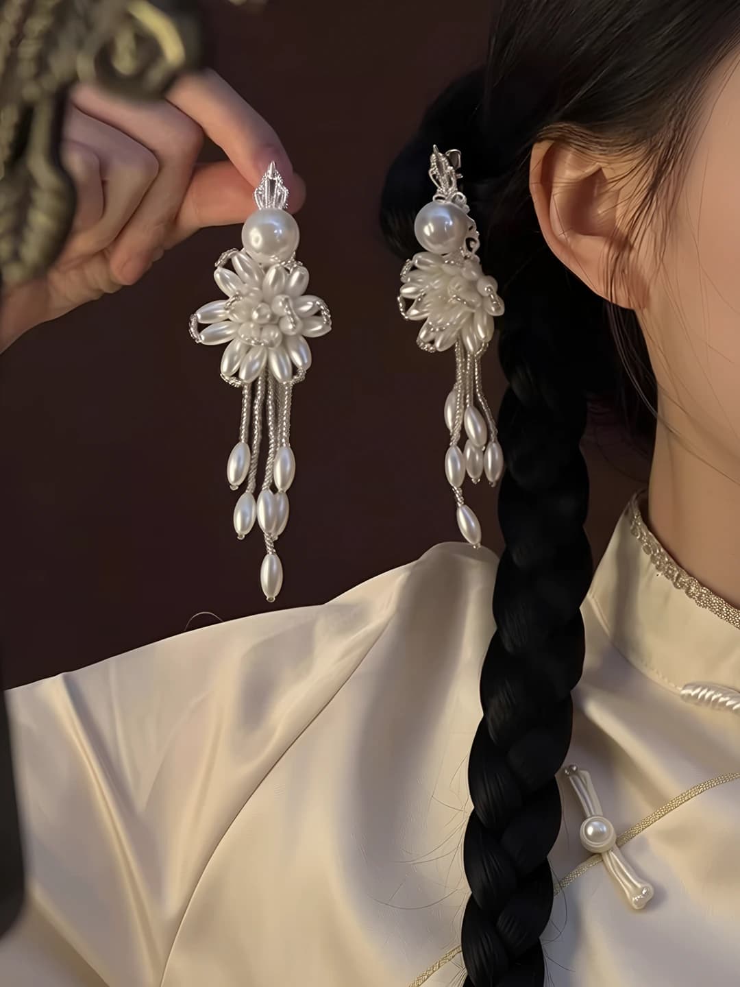 Women's 2026 original 'White Lotus' pearl flower tassel hair clips and combs