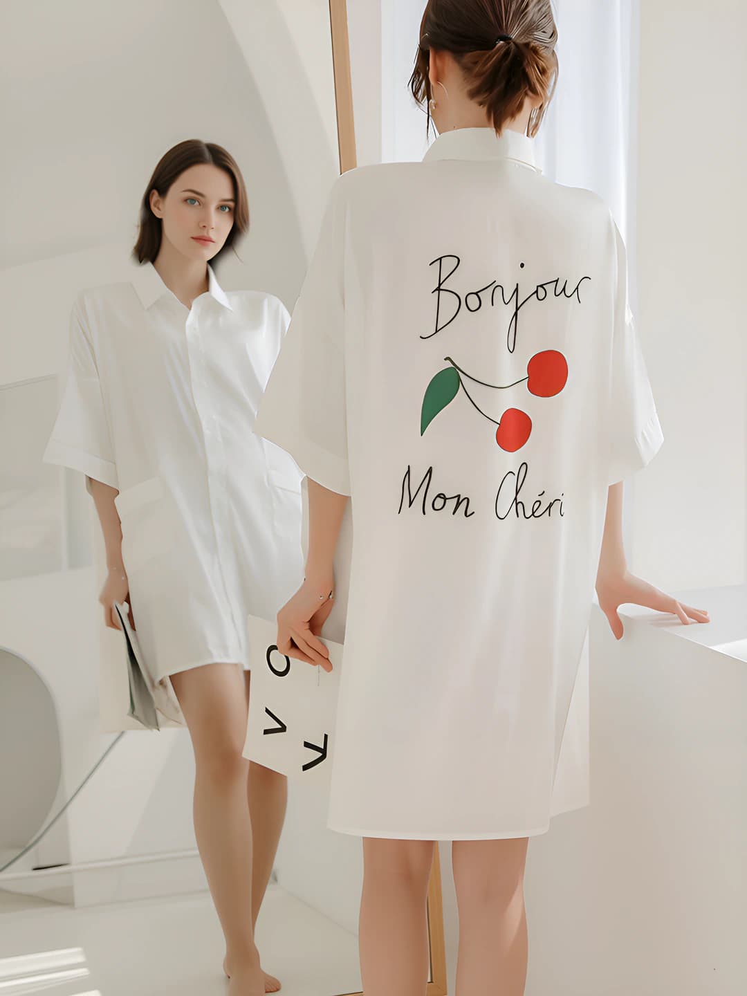 Women's loungewear: ice-silk fabric nightgown, thin, short sleeve, printed, all-season