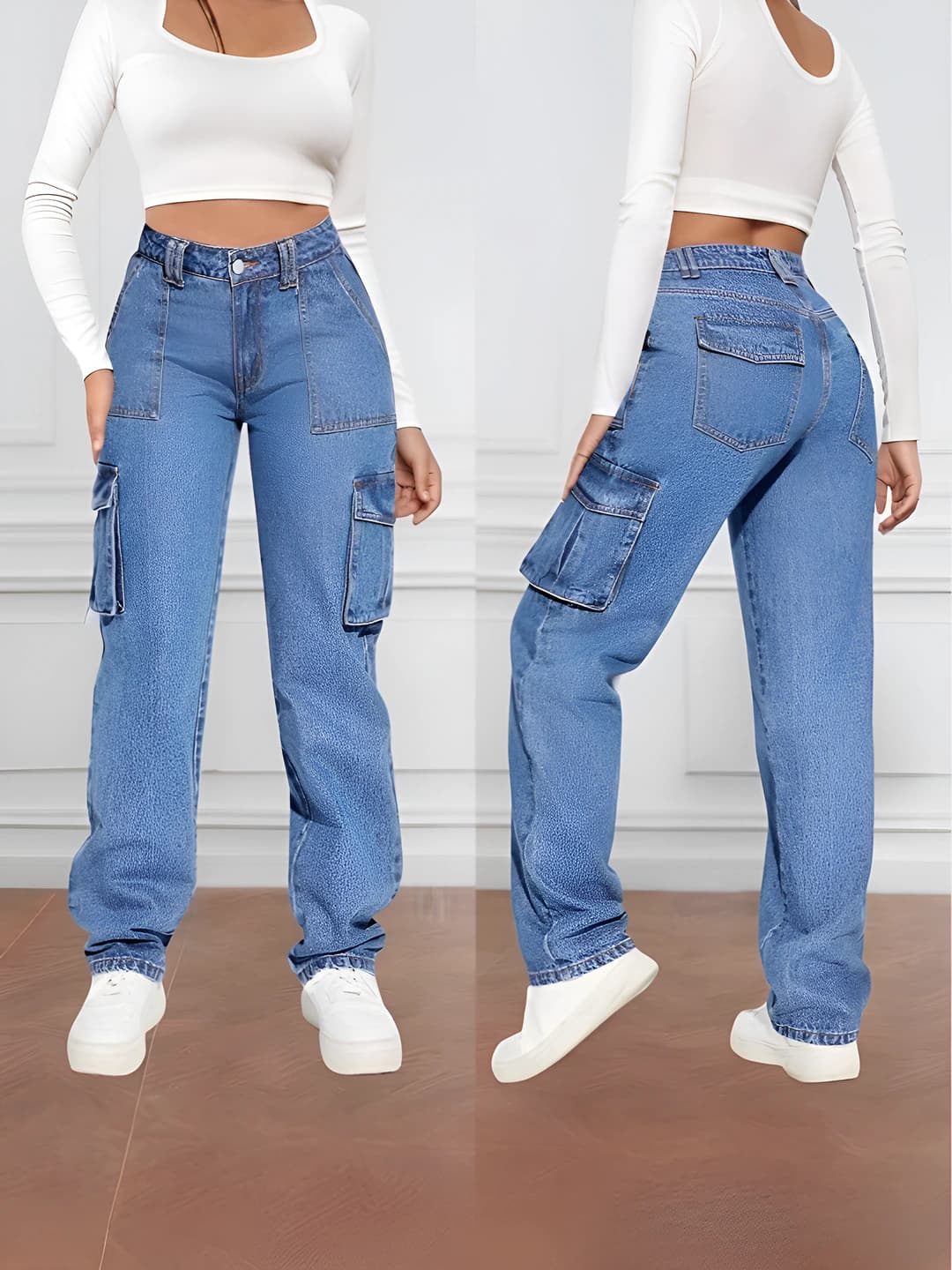 Women's 2026 retro high-waist wide-leg cargo jeans with multiple pockets and straight cut