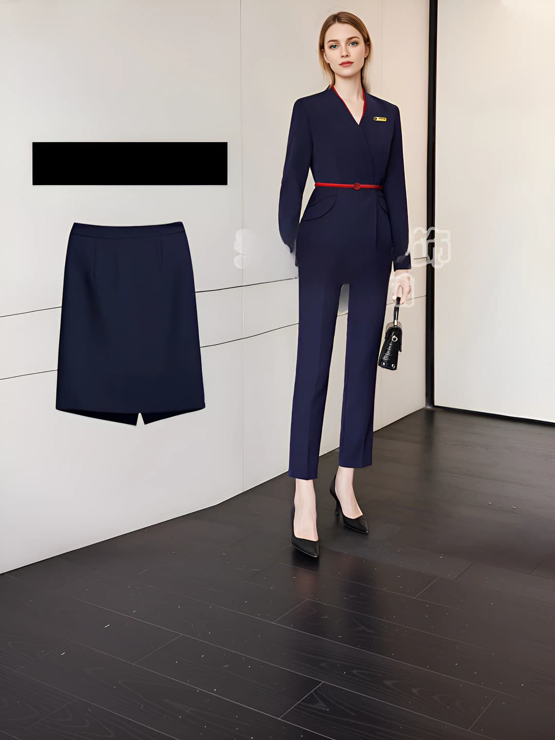 To'q ko'k, qizil yonli (jilet+skirt+shim)