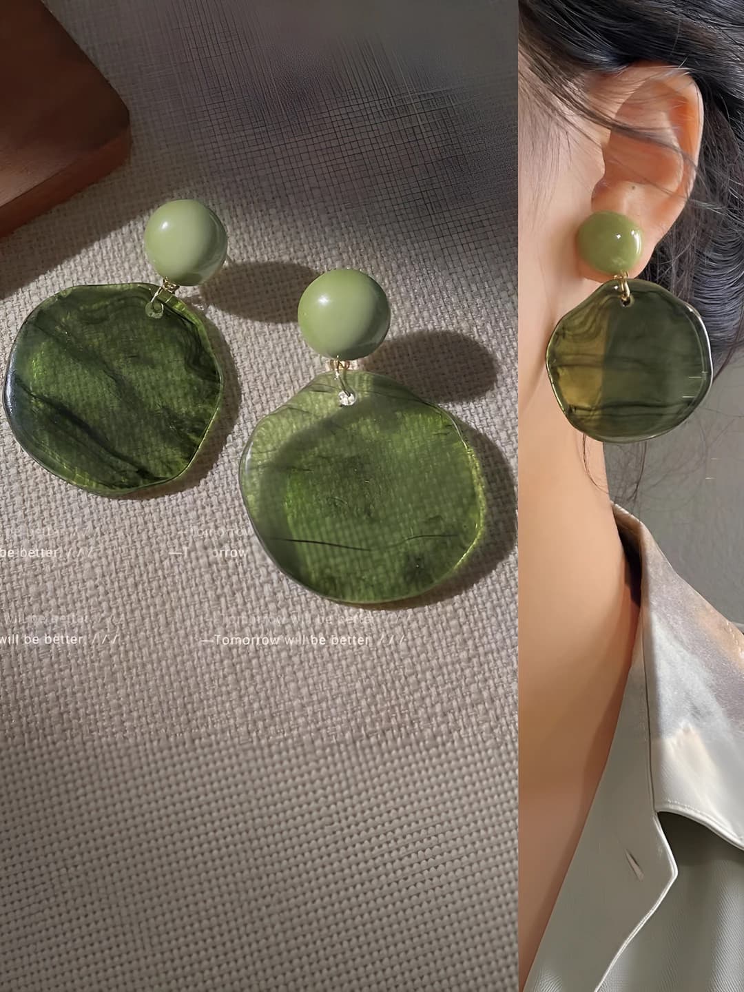 Women's retro style olive green geometric shape irregular design element hoop earrings