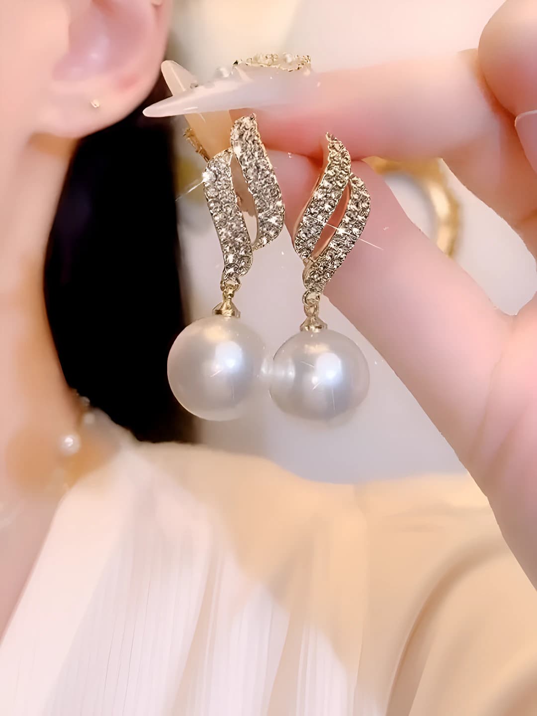 Women's French pearl drop earrings with micro zircon, silver post, simple and elegant design