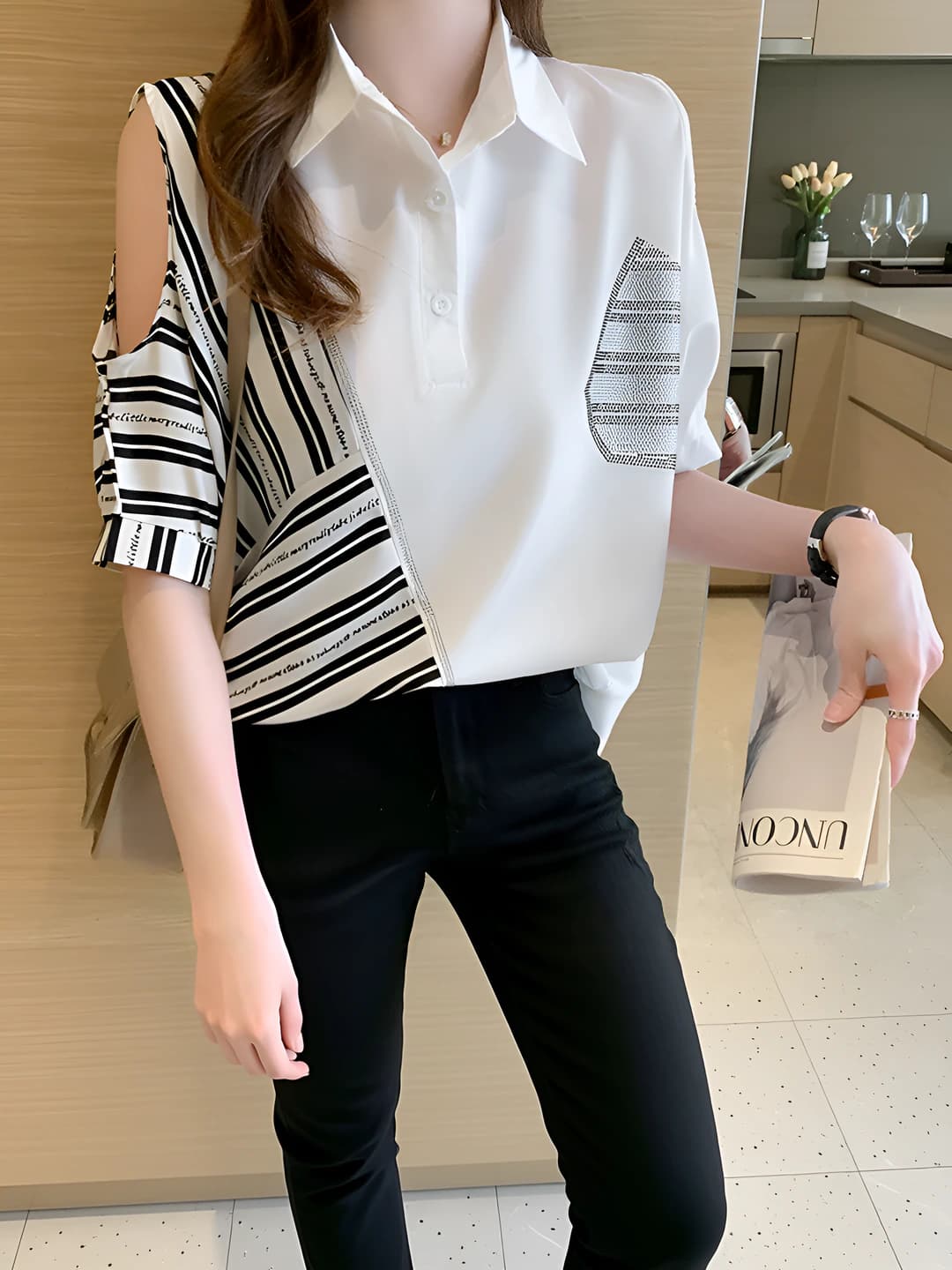 Women's 2026 summer striped POLO collar short sleeve casual style loose fit blouse