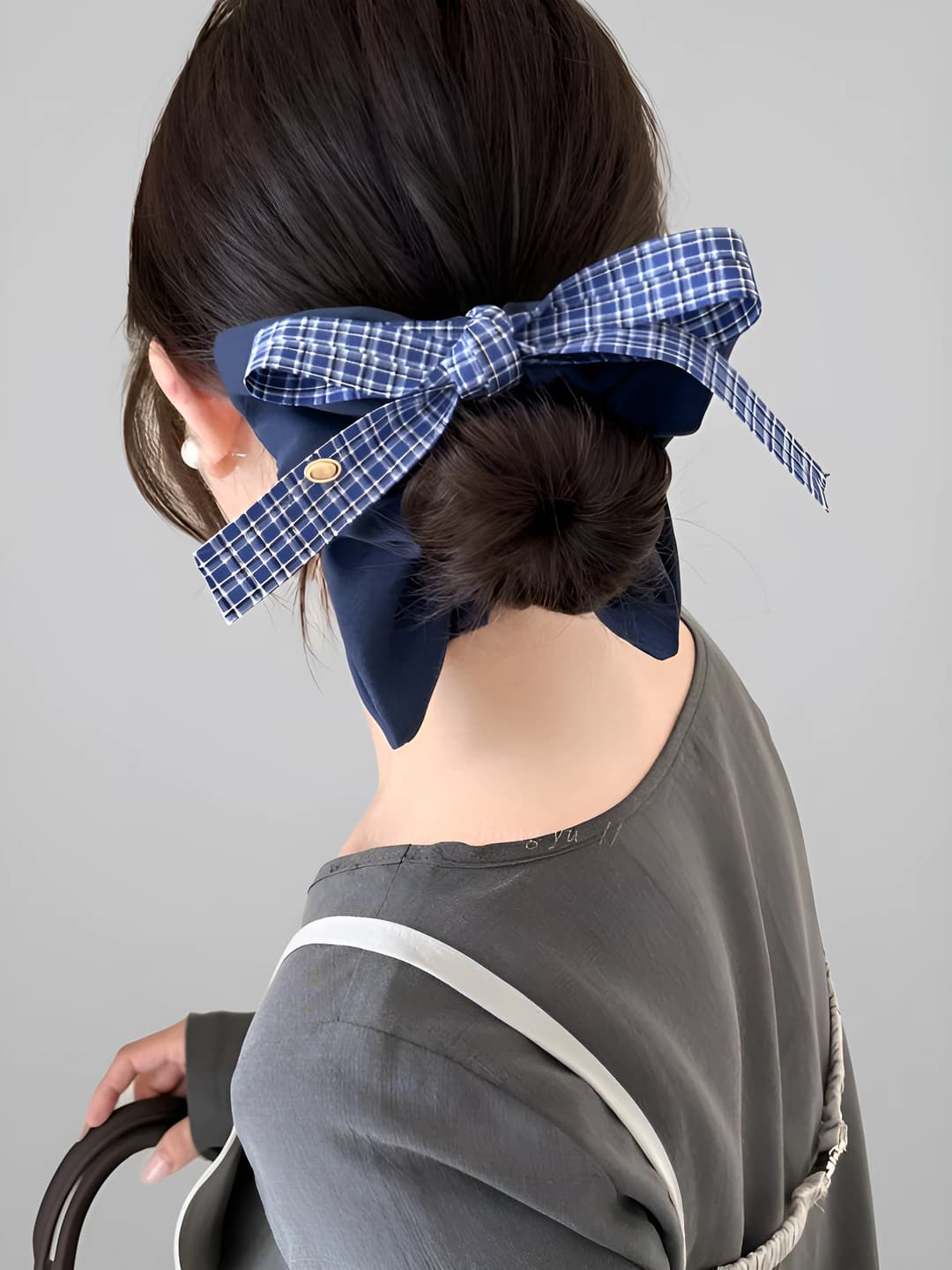 3# Denim hair tie plaid ribbon 22 cm