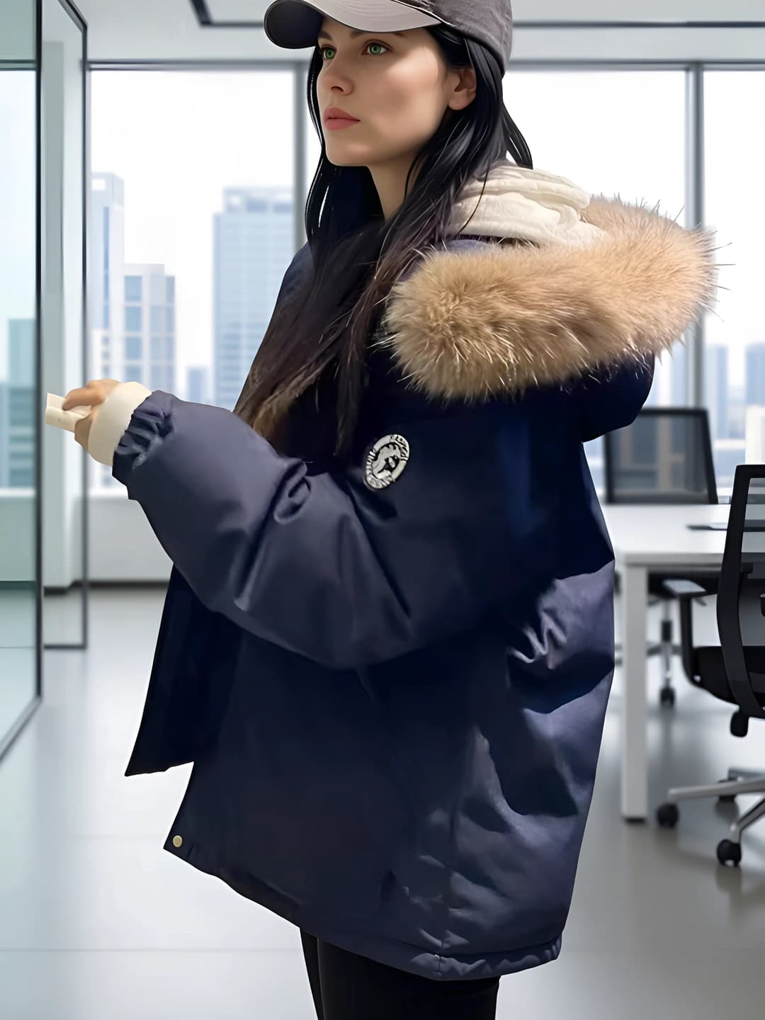 Women's winter padded coat with down-alternative fill, slim fit, mid-length, long sleeve, zip, solid colour, 2026