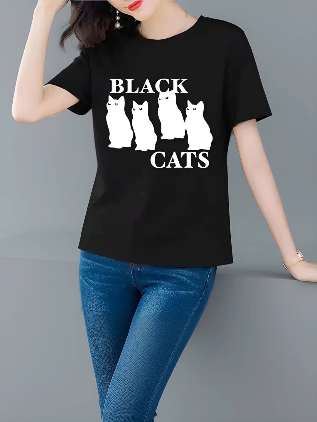 Women's summer slim fit pure cotton short sleeve crew neck mid-length t-shirt, white with 3D cat print, slimming effect