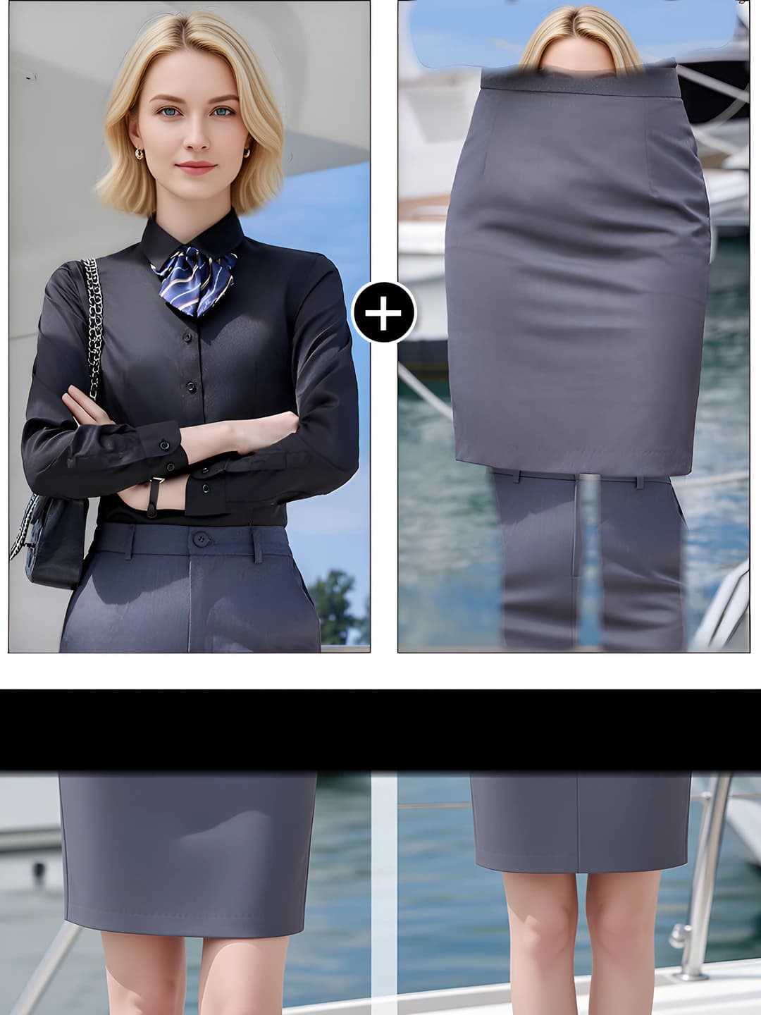 Long sleeve: black shirt + grey skirt
