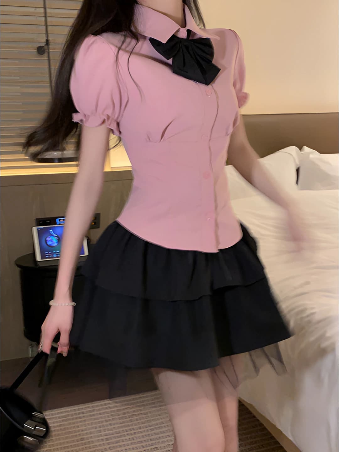 Pink top + skirt + tie
