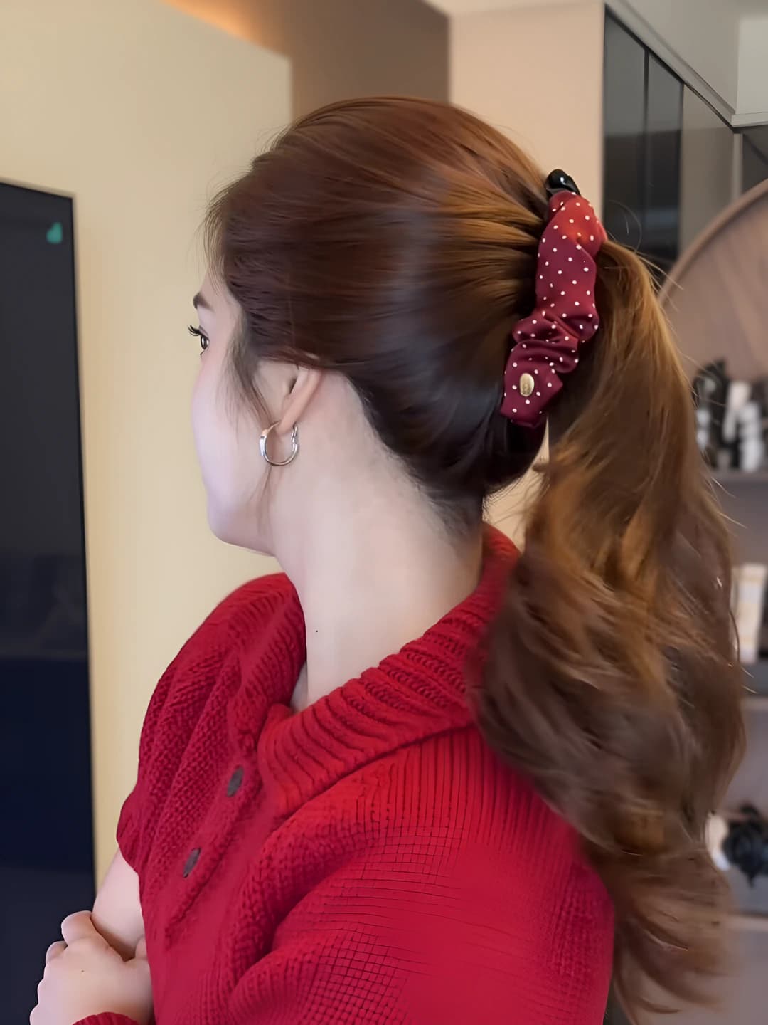 3# Red polka dot banana clip ~13 cm