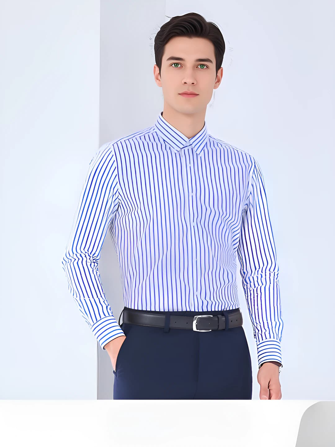 Мужской: Синяя полосатая рубашка с длинным рукавом