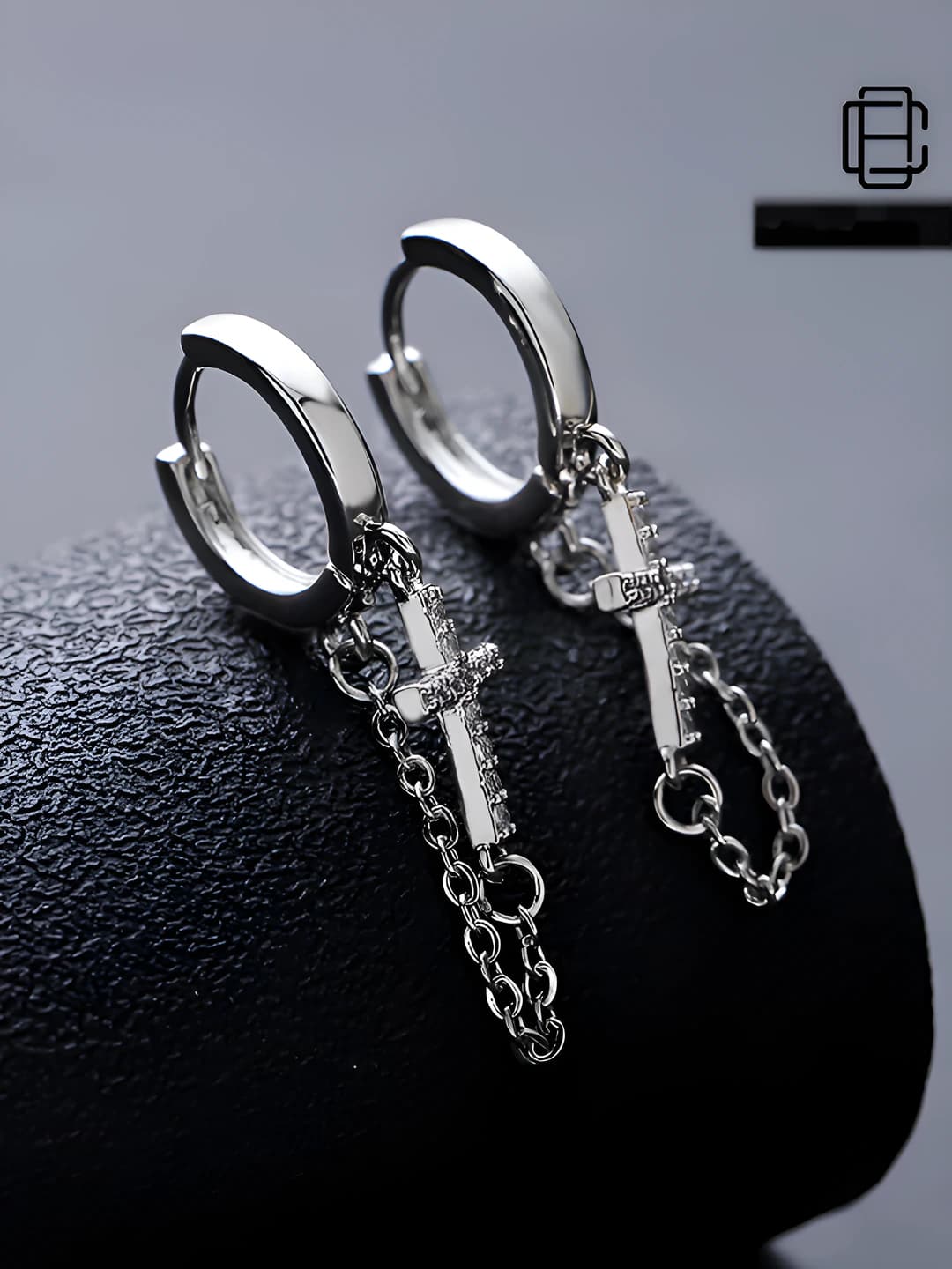 Cross, crystal and chain earrings with silver plating, summer, hip-hop style, for men and women