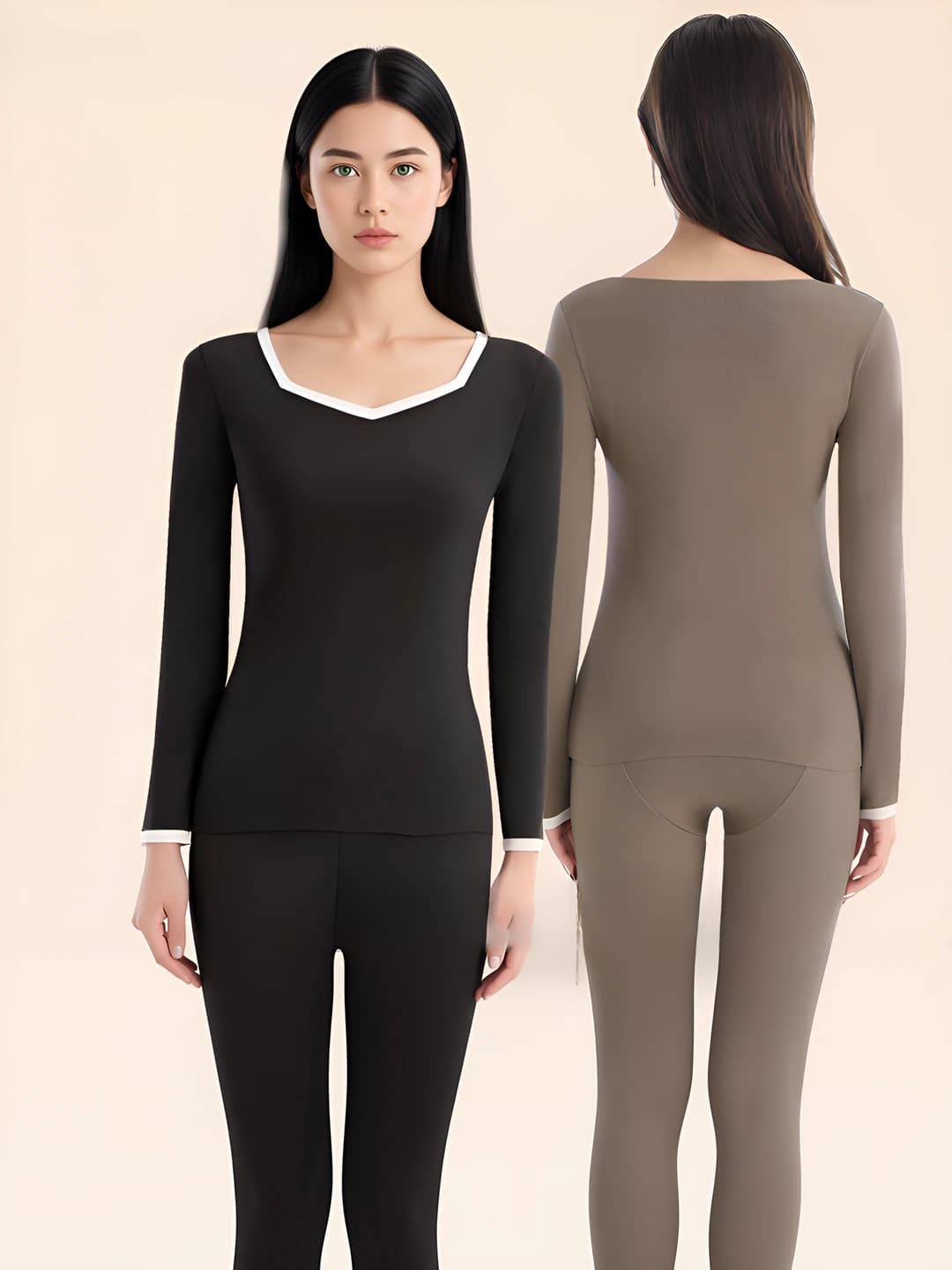 Women's fleece-lined thermal underwear set: long-sleeve base top and trousers, slim fit, solid colour, warm