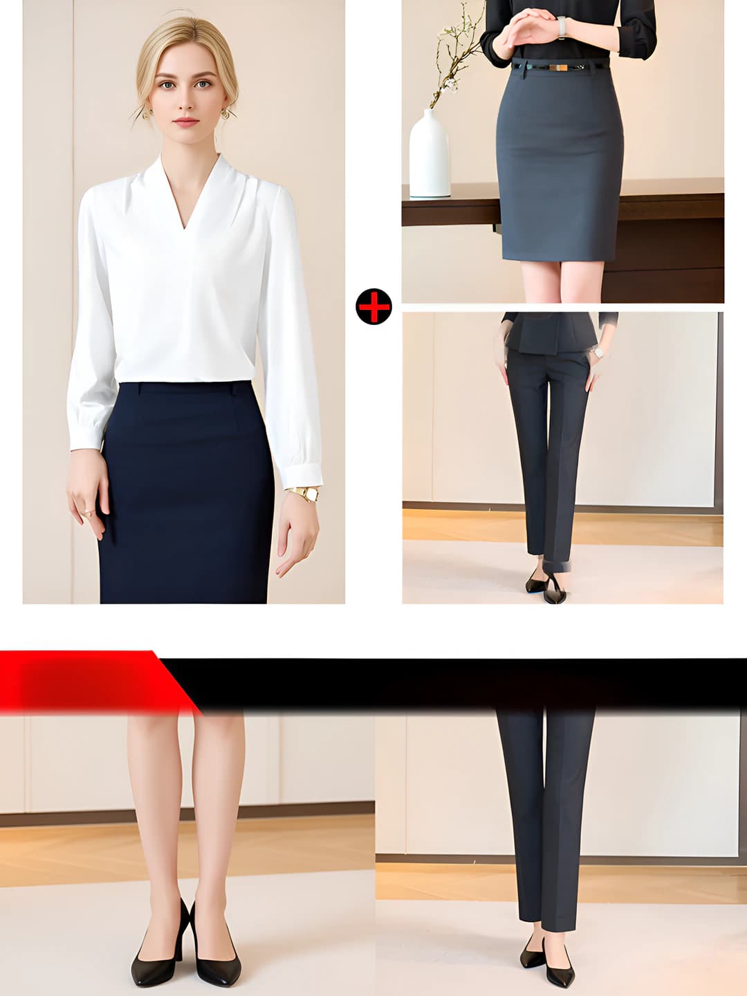 White shirt + gray pants + gray skirt