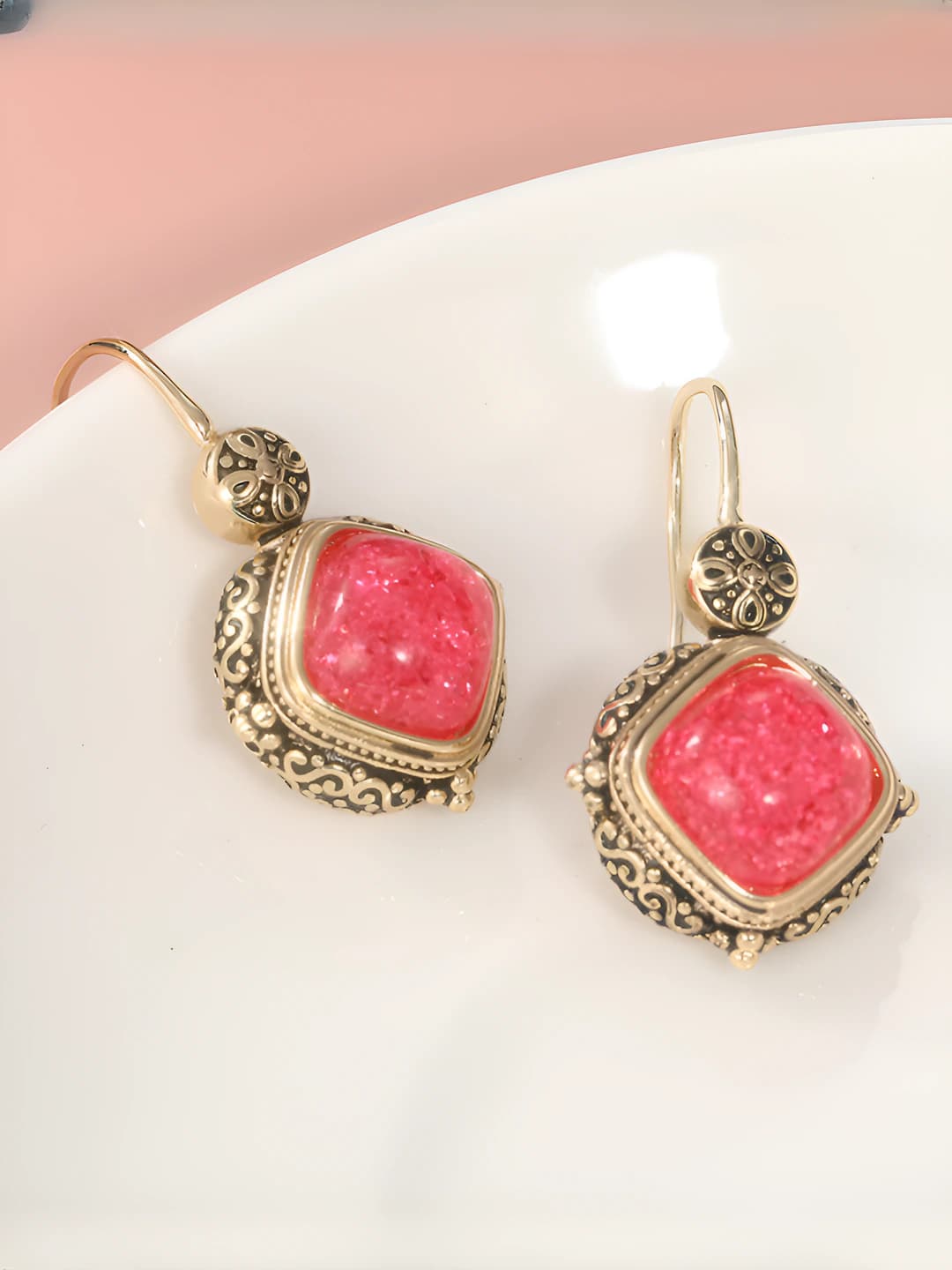 Women's copper earrings with geometric pattern in retro style