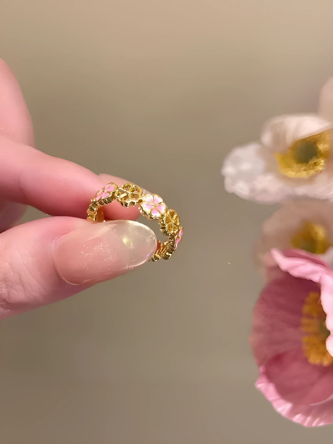 Pink enameled flower ring