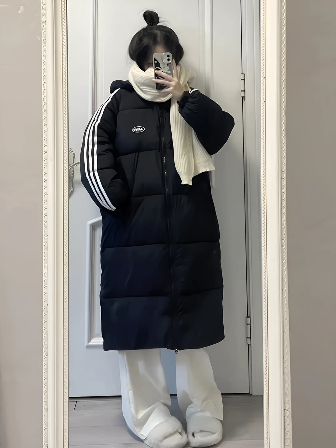Women's 2026 winter down jacket, preppy style, long, loose fit, zip, down-alternative fill, solid colour
